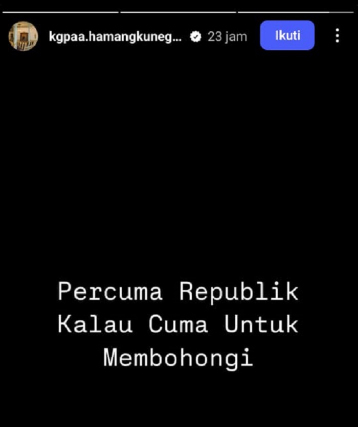 Unggahan KGPAA Hamangkunegoro atau akrab disapa Gusti Purboyo Putra Mahkota Keraton Solo di akun Instagram pribadinya.
