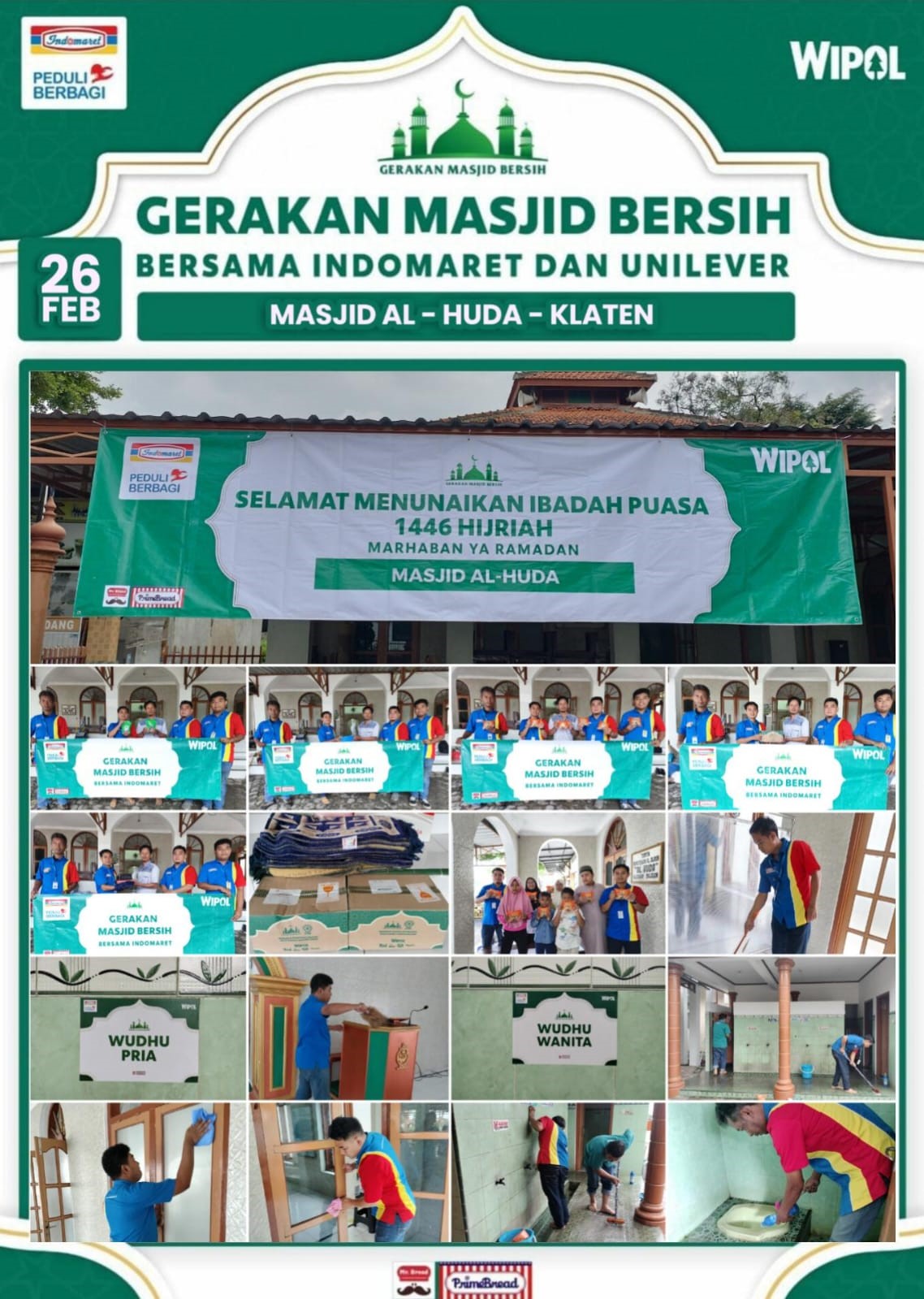 Indomaret dengan Unilever Indonesia melalui brand Wipol bersinergi dalam program tahunan &ldquo;Gerakan Masjid Bersih di Masjid Al Huda, Jalan Jatinom Boyolali Majegan Tulung, Selasa (25/2/2025).