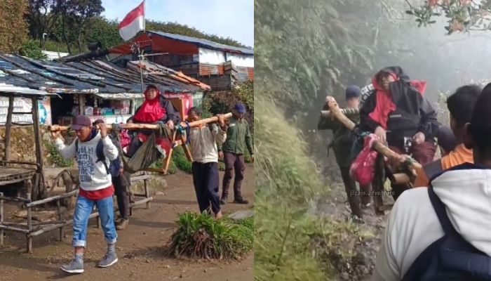 Tangkapan layar saat Mbok Yem, pemilik warung legendaris di pundak Gunung Lawu ditandu turun gunung.