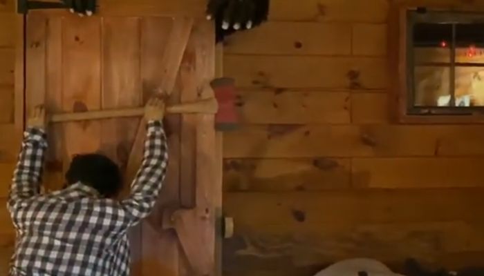 Patung yang menggambarkan adegan serangan makhluk yang diperkirakan sasquatch di Museum Sasquatch - Blue Ridge, Georgia