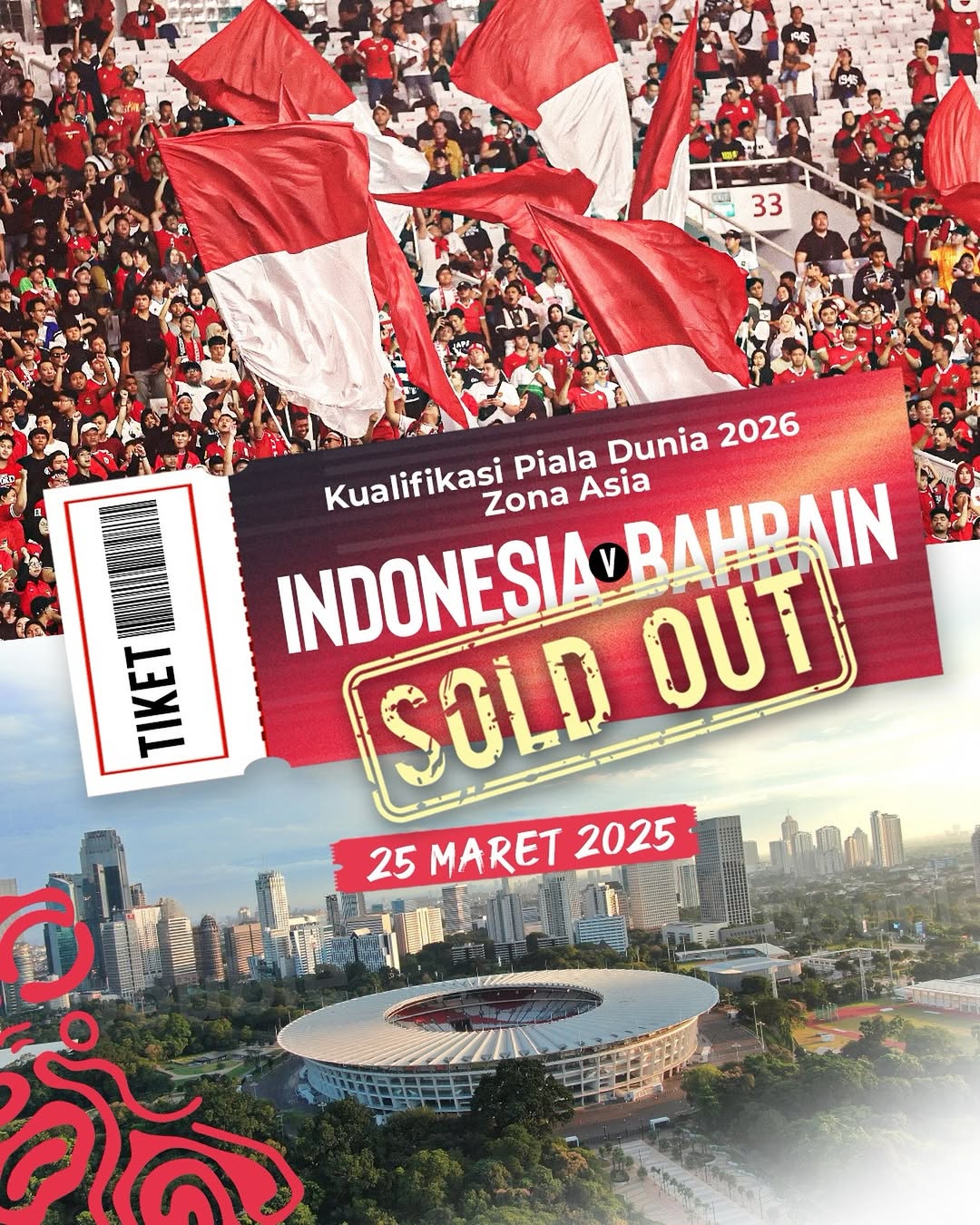 Pengumuman tiket Timnas Indonesia vs Bahrain di Stadion Utama Gelora Bung Karno pada 25 Maret ludes terjual.