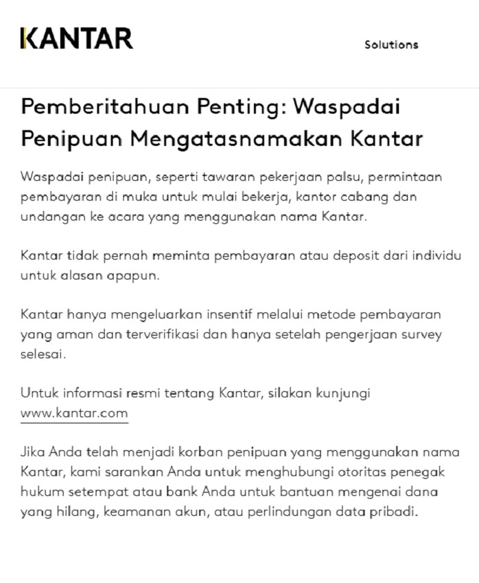 Pemberitahuan di website resmi Kantar terkait maraknya dugaan penipuan yang mengatasnamakan kantar.