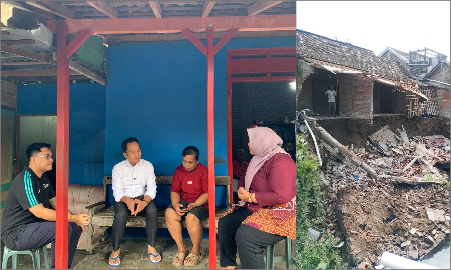 Wali Kota Surakarta Respati Ardi saat mendatangi korban pemilik rumah ambrol dampak talud jebol di Nusukan, Selasa (12/3/2025). (foto kanan) Kondisi rumah yang ambrol.