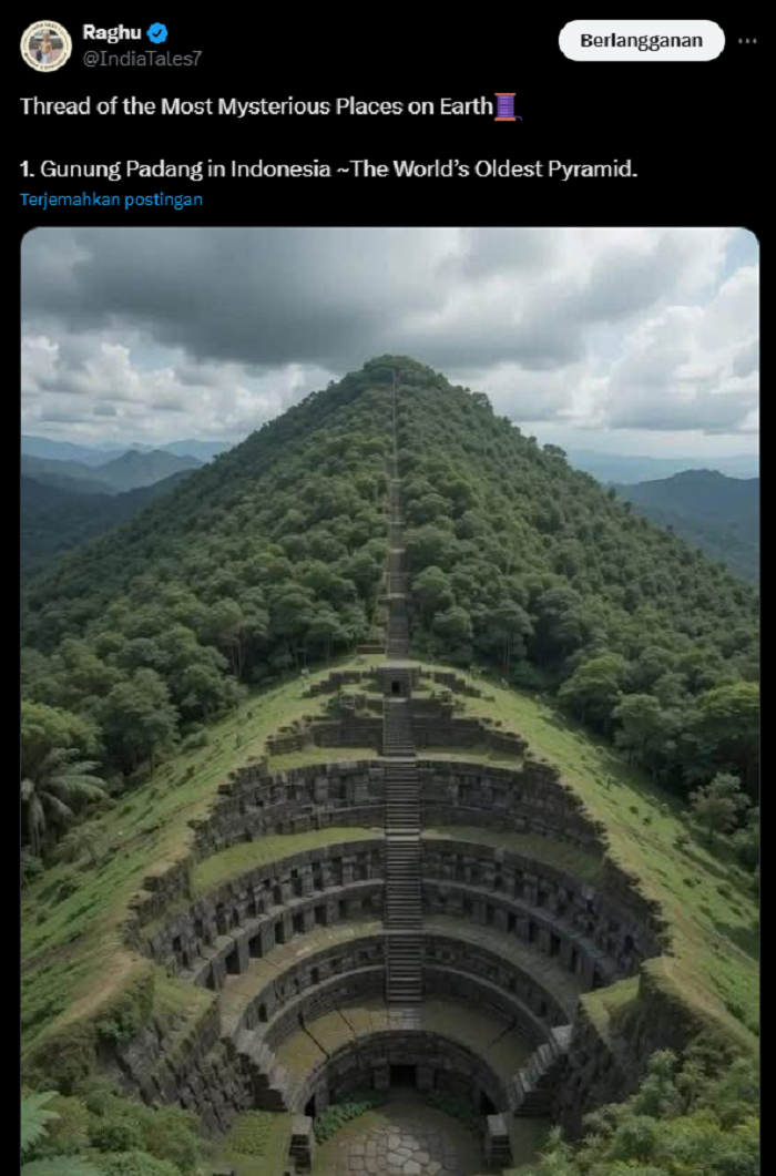 Unggahan akun asal India, IndiaTales7, menempatkan Gunung Padang  di posisi pertama dalam thread yang membahas tempat paling misterius di dunia.