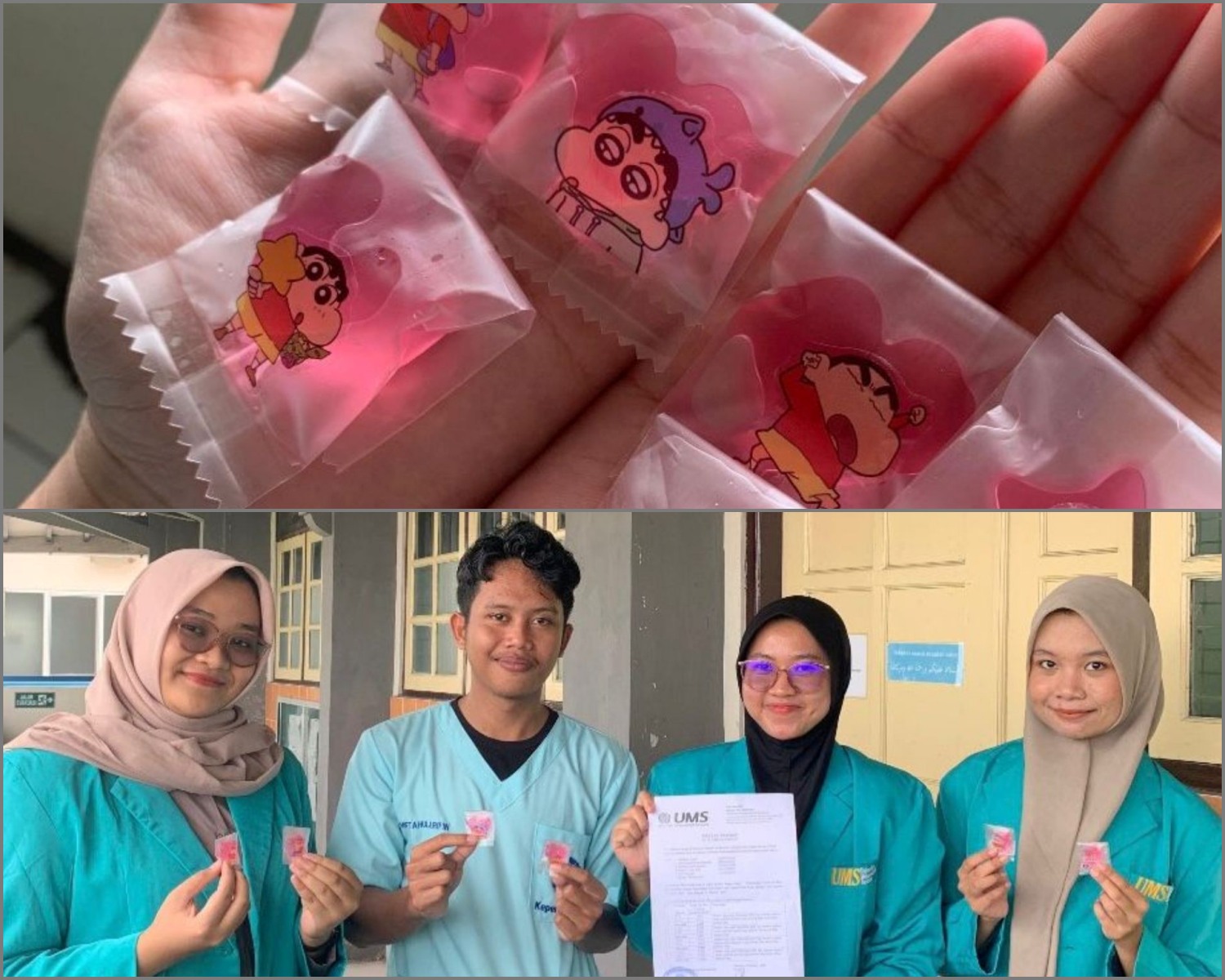 GUGAH SELERA: Permen jelly kaya kandungan zat besi dan asam folat karya mahasiswa UMS. Foto bawah, para mahasiswa UMS yang memproduksi permen jelly pencegah anemia.