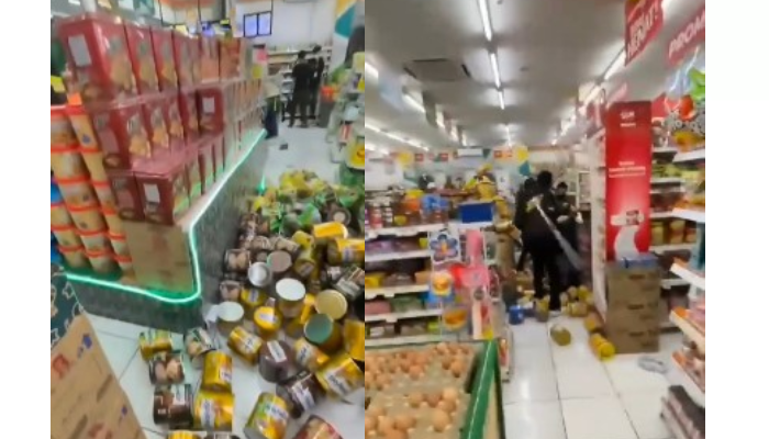 Tangkapan layar kondisi minimarket yang berantakan saat terjadi pengeroyokan juru parkir oleh sekelompok geng motor di Bandung.