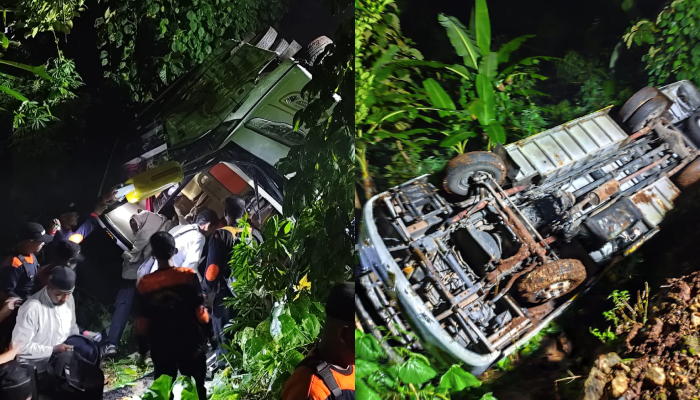 Kondisi bus rombongan pengajian asal yang terguling di Pracimantoro, Senin (17/3/2025) malam.