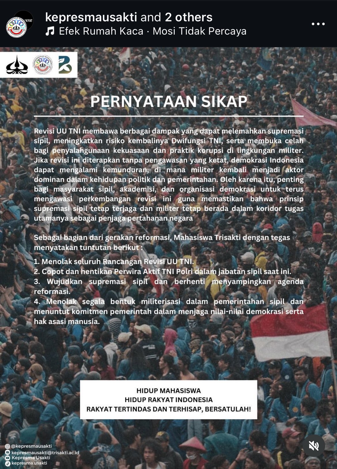 Pernyataan sikap aktivis Universitas Trisakti menolak Revisi UU TNI.