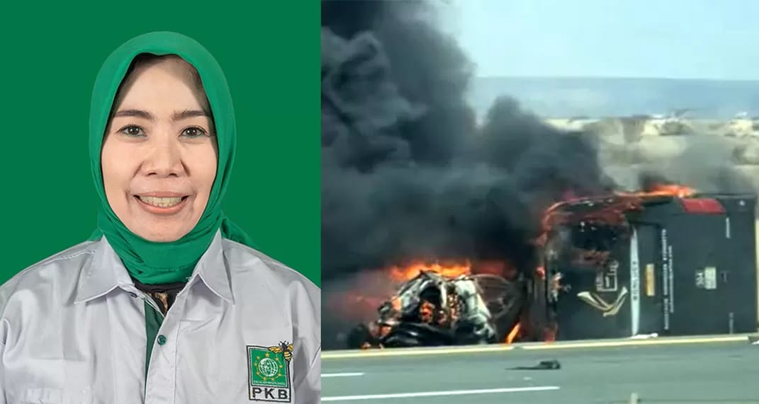 Eny Soedarwati, anggota DPRD Bojonegoro menjadi salah satu korban meninggal akibat kecelakaan bus rombongan umrah di Arab Saudi. Foto kanan, kondisi bus terbakar.