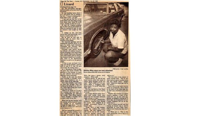 Artikel koran lokal yang memberitakan serangan manusia kadal digarasi keluarga Waye