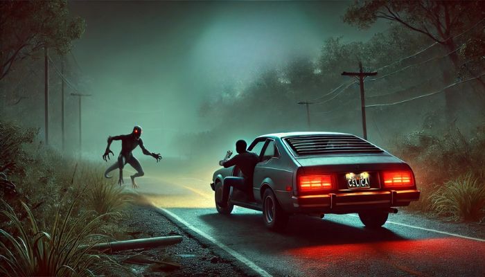 Ilustrasi manusia kadal bersiap mengejar chris