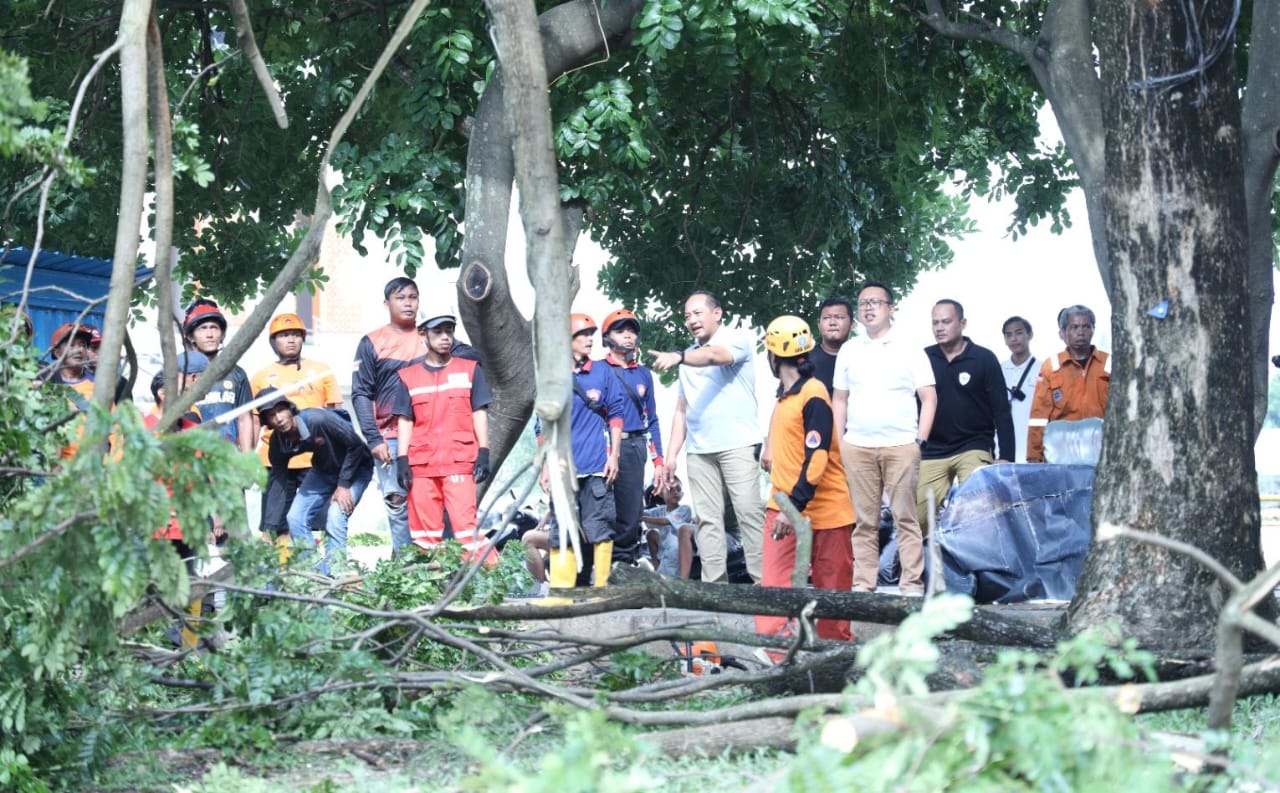 Bupati Karanganyar Rober Christanto (tengah) pantau pemangkasan dahan pohon.