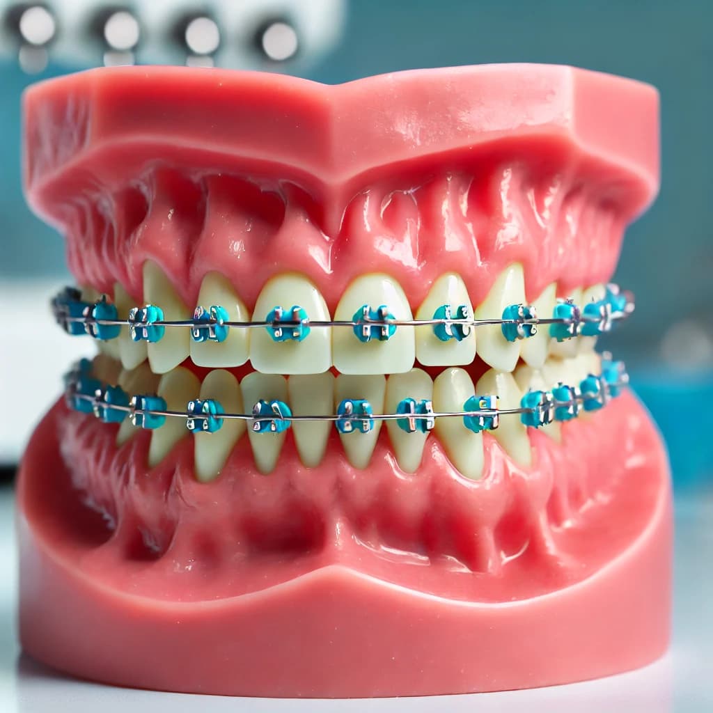 Ilustrasi gigi dengan behel, simulasi perawatan ortodontik. &nbsp;