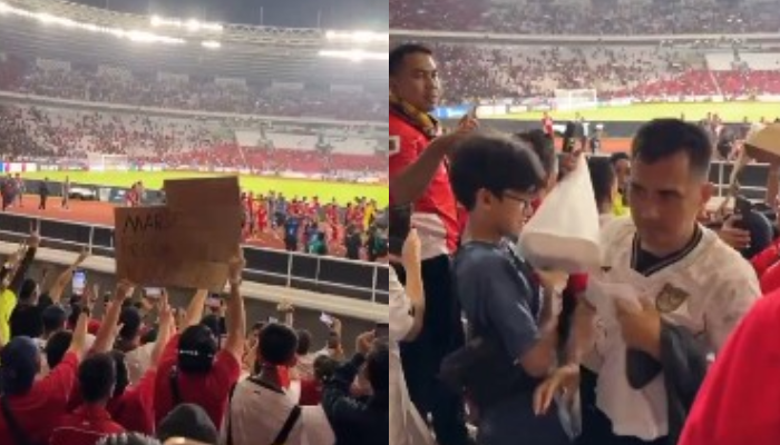 Tangkapan layar anak kecil yang mengangkat kardus meminta jersey Marselino Ferdinan dan pria tak dikenal yang merebut jersey pemain Timnas itu.