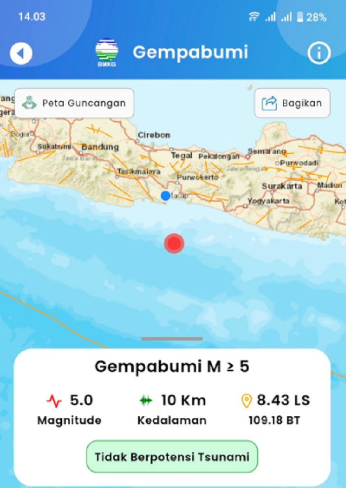 Informasi pusat gempa di Cilacap, Jumat (4/4/2025).