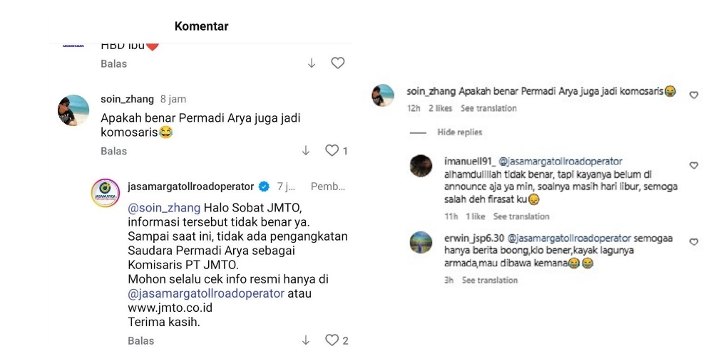 Tangkapan layar komentar admin Instagram resmi Jasamarga Toll Road Operation terkait bantahan Abu Janda sebagai komisaris. Komentar tersebut kemudian dihapus.