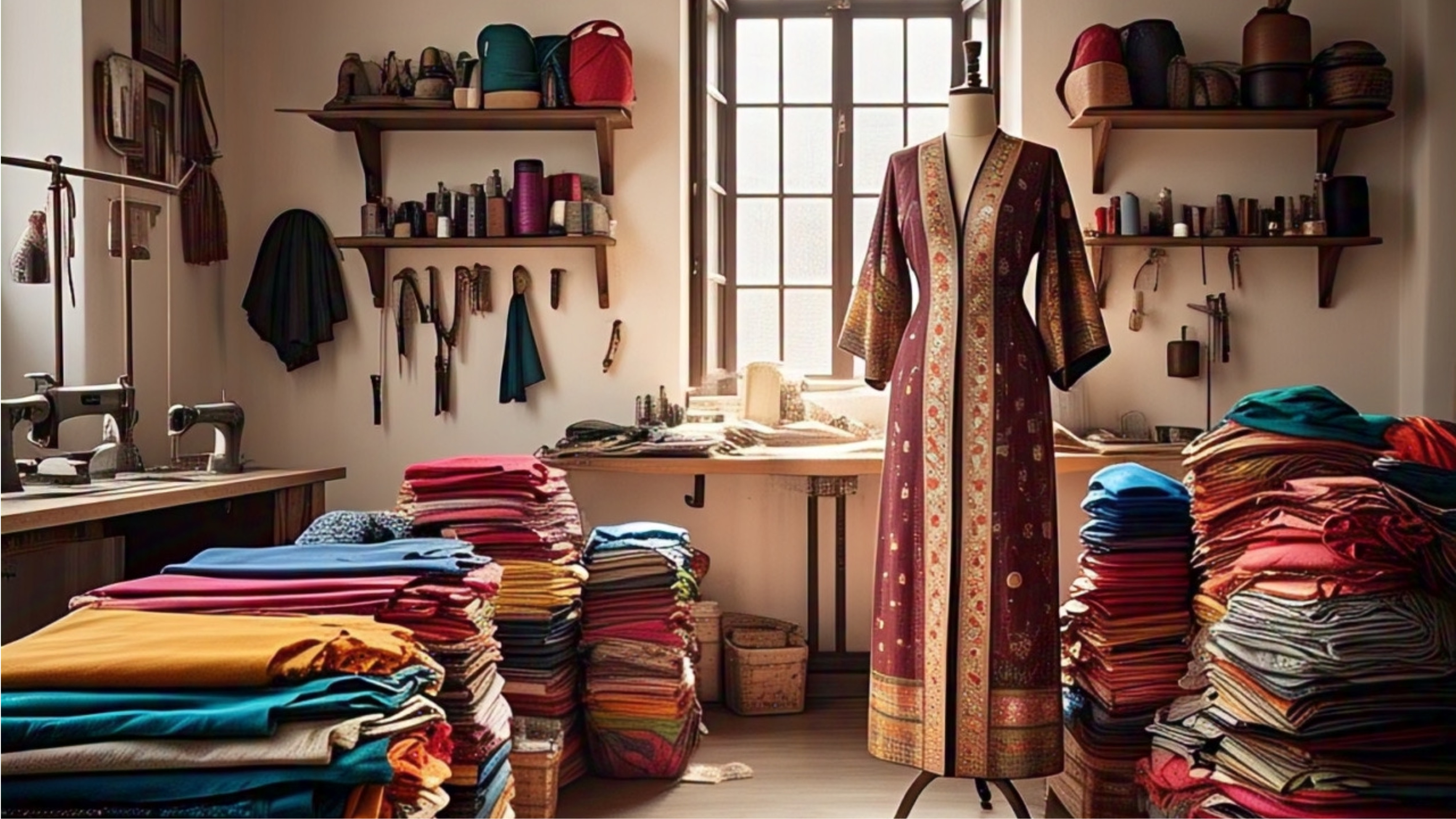 Ruangan seorang penjahit yang penuh dengan kain dan sebuah manekin dressmaker yang terdapat sebuah dress.