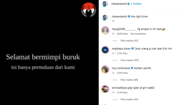 Postingan di akun Instagram Ridwan Kamil yang diduga dilakukan oleh hacker.