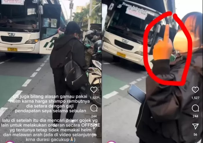 Tangkapan layar video viral penumpang ojol marah ke driver yang enggan diajak melawan arus.