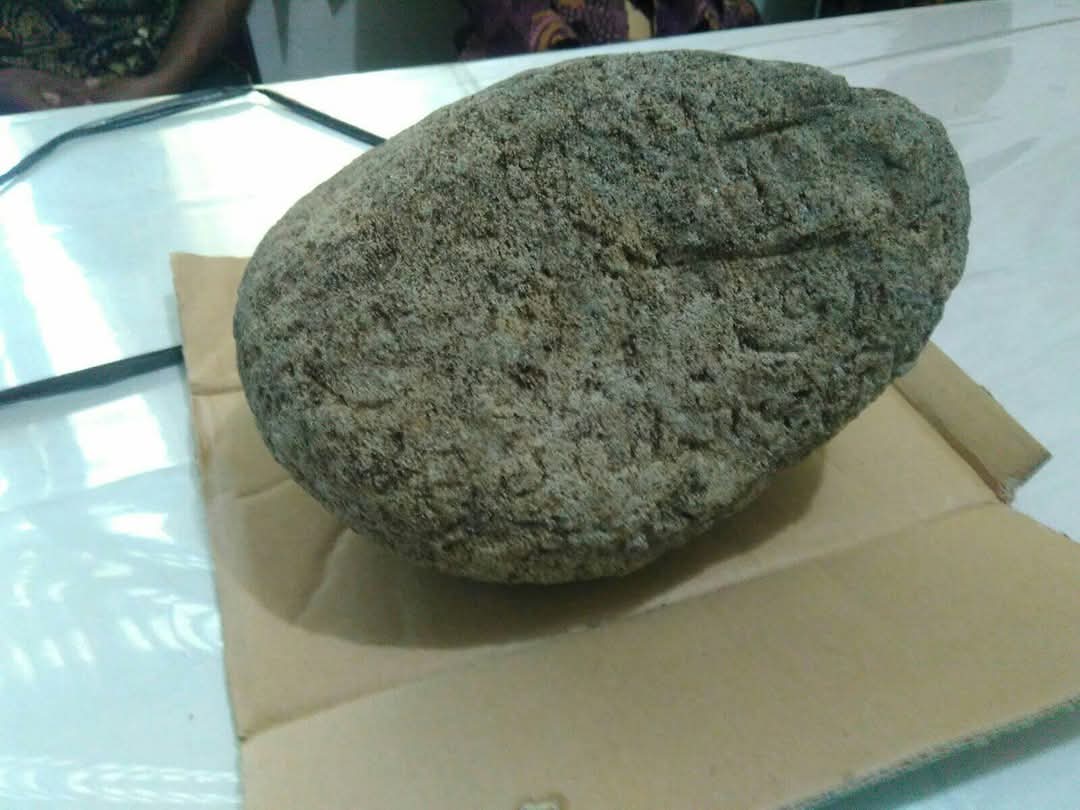 Prasasti berbentuk oval yang ditemukan di Dusun Nglumbang Dungik, Desa Soropaten, Kecamatan Karanganom, Klaten. (Dokumentasi Pegiat Cagar Budaya)