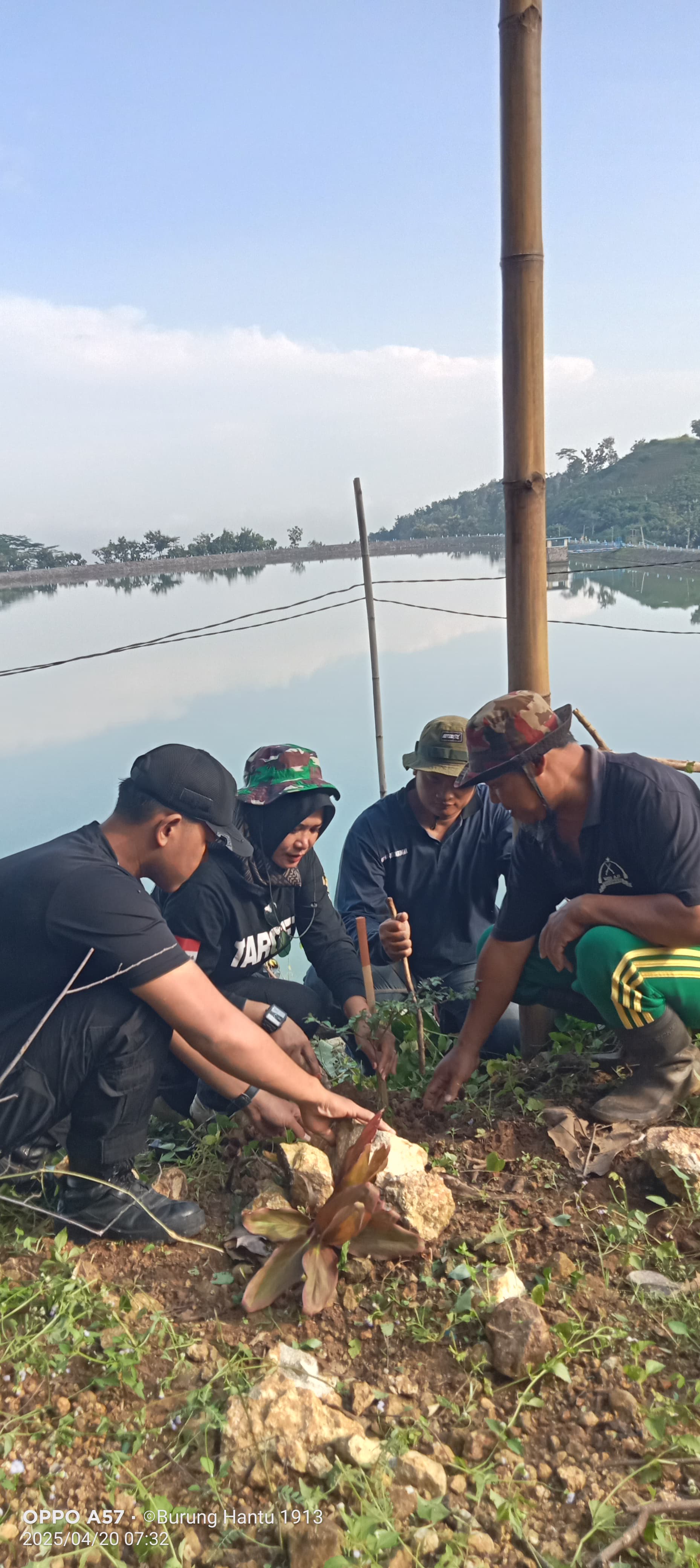 Penanaman bohon Tabebuya di Waduk Gebyar, Sambirejo, Sragen di Hari Bumi 2025, Minggu (20/4/2025). (Ahmad Khairudin/Radar Solo)