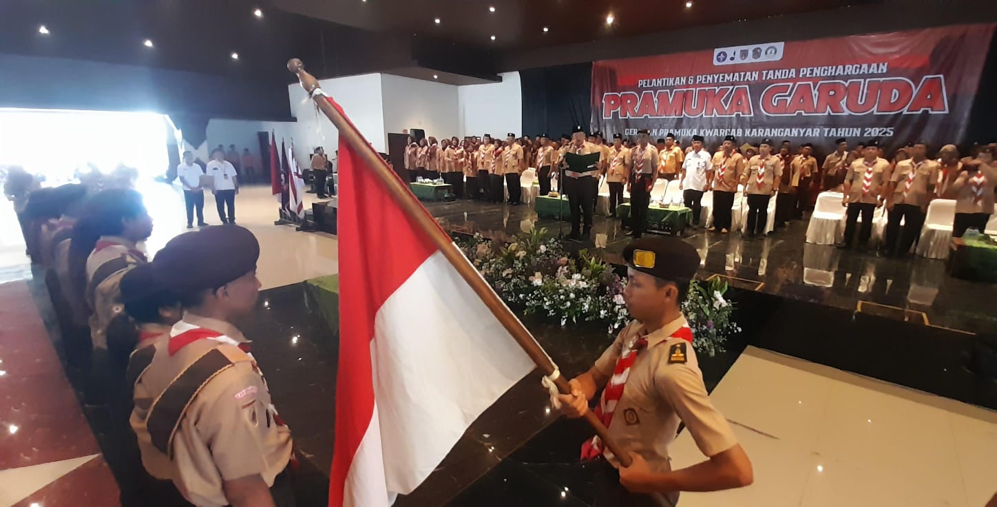 Pengukuhan Pramuka Garuda Karanganyar di Gedung Kebudayaan Karanganyar, Rabu (30/4/2025). (Rudi Hartono/Radar Solo)