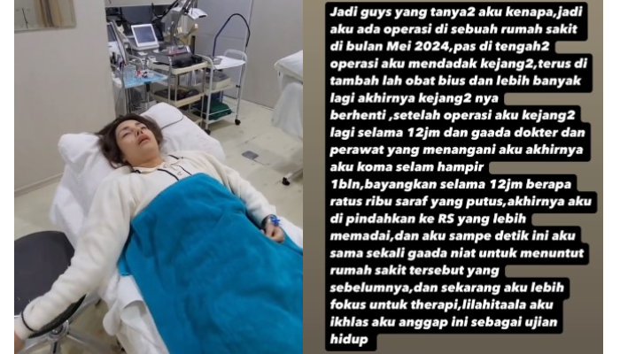 Postingan influencer @memeflome yang ungkap kondisinya usai diduga overdosis obar bius saat jalani prosedur kecantikan.