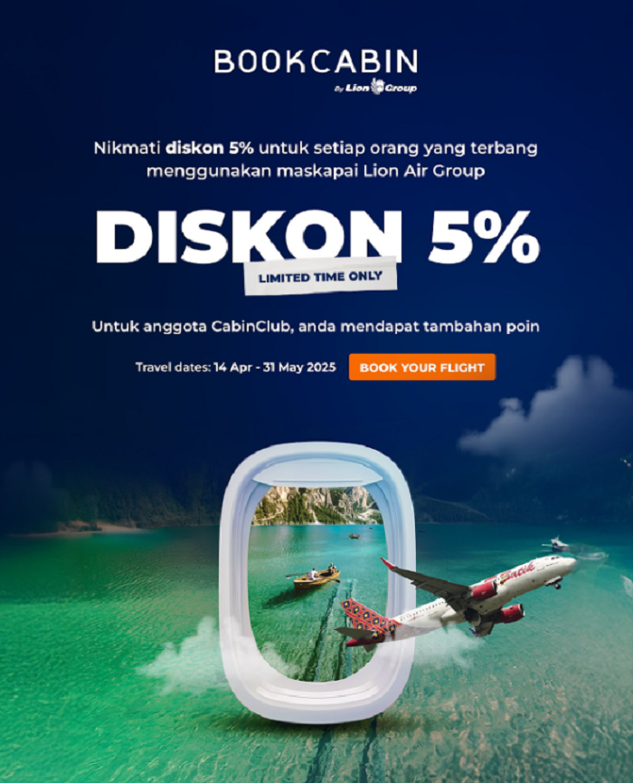 Manfaatkan promo menarik dari BookCabin, aplikasi travel online yang merupakan bagian dari Lion Air Group.