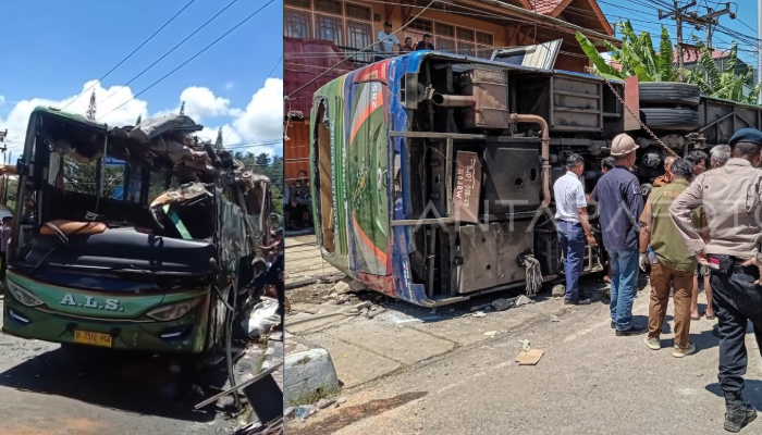 Kondisi bus ALS jurusan Medan-Bekasi yang hancur usai mengalami kecelakaan maut di Padang Panjang, Selasa (6/5/2025).