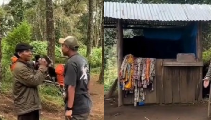 Tangkapan layar saat pendaki Gunung Lawu beradu argumen soal sewa selendang Rp 5.000 (kiri). Tumpukan selendang yang disewakan untuk pendaki.