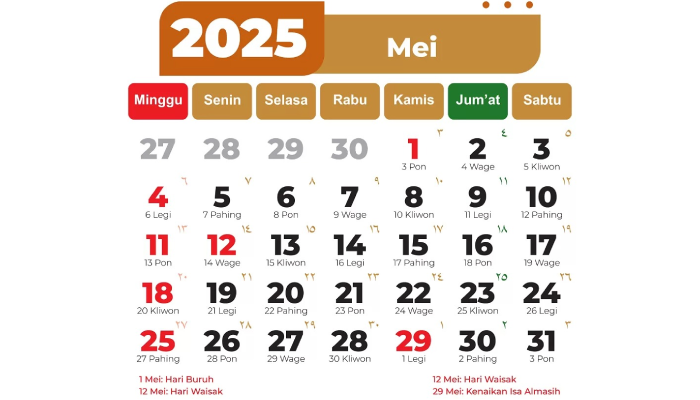 Kalender bulan Mei 2025.