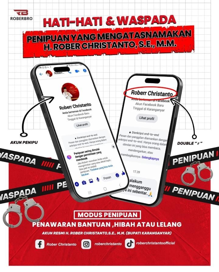 Informasi terkait peretasan akun medsos Bupati Karanganyar Rober Christanto. Masyarakat diimbau tidak mudah percaya penipuan dengan modus bantuan, hibah hingga lelang proyek. (Rudi Hartono/Radar Solo)