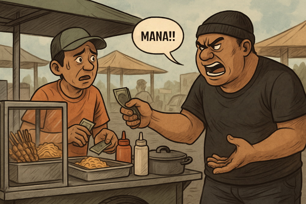 Ilustrasi pemalak tengah meminta uang secara paksa ke PKL
