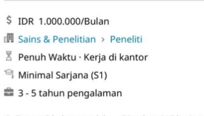Potongan lowongan kerja (loker) perusahaan skincare lokal yang tawarkan gaji Rp 1 juta untuk posisi Research and Development.