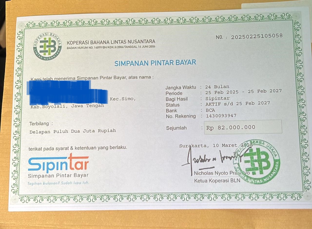 Dokumen investasi salah satu nasabah Koperasi Bahana Lintas Nusantara senilai Rp 80 juta.