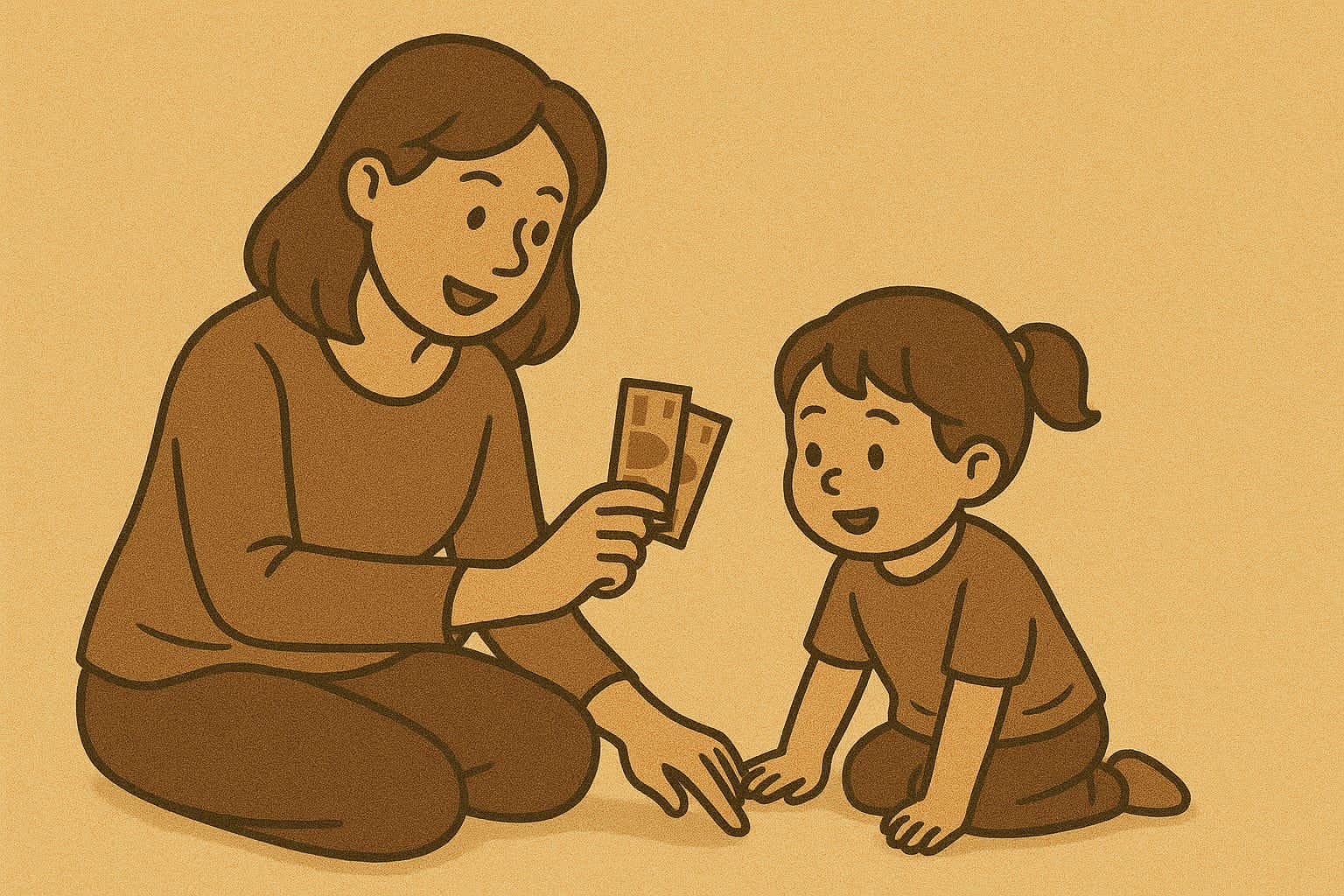 Ilustrasi seorang ibu tengah mengajarkan informasi soal uang dan kegunaannya kepada buah hatinya.