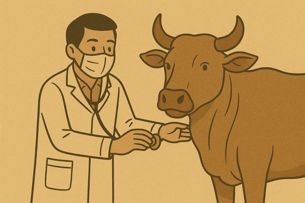 Ilustrasi pertugas tengah mengecek kesehatan hewan sapi yang rencananya akan dijadikan kurban.