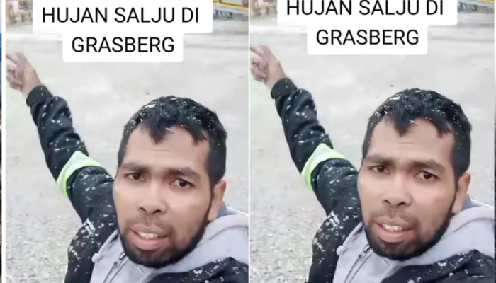 Menunjukkan turunnya salju di Grasberg, Mimika Papua Tengah.