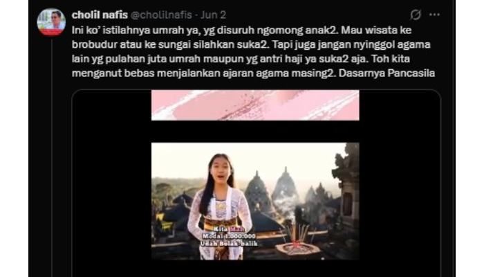 Cholil Nafis buka suara atas viral konten promosi Candi Borobudur dan wisata religi Buddha yang singgung umrah agama lain.