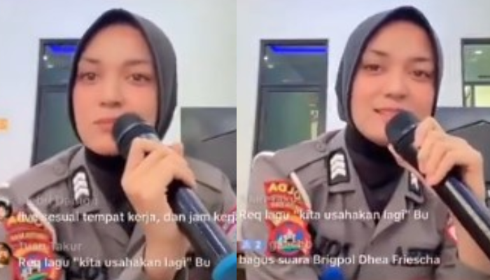 Polwan Polda Sumbar Brigadir Dhea Friesca viral karena nyanyi live TikTok saat jam kerja.
