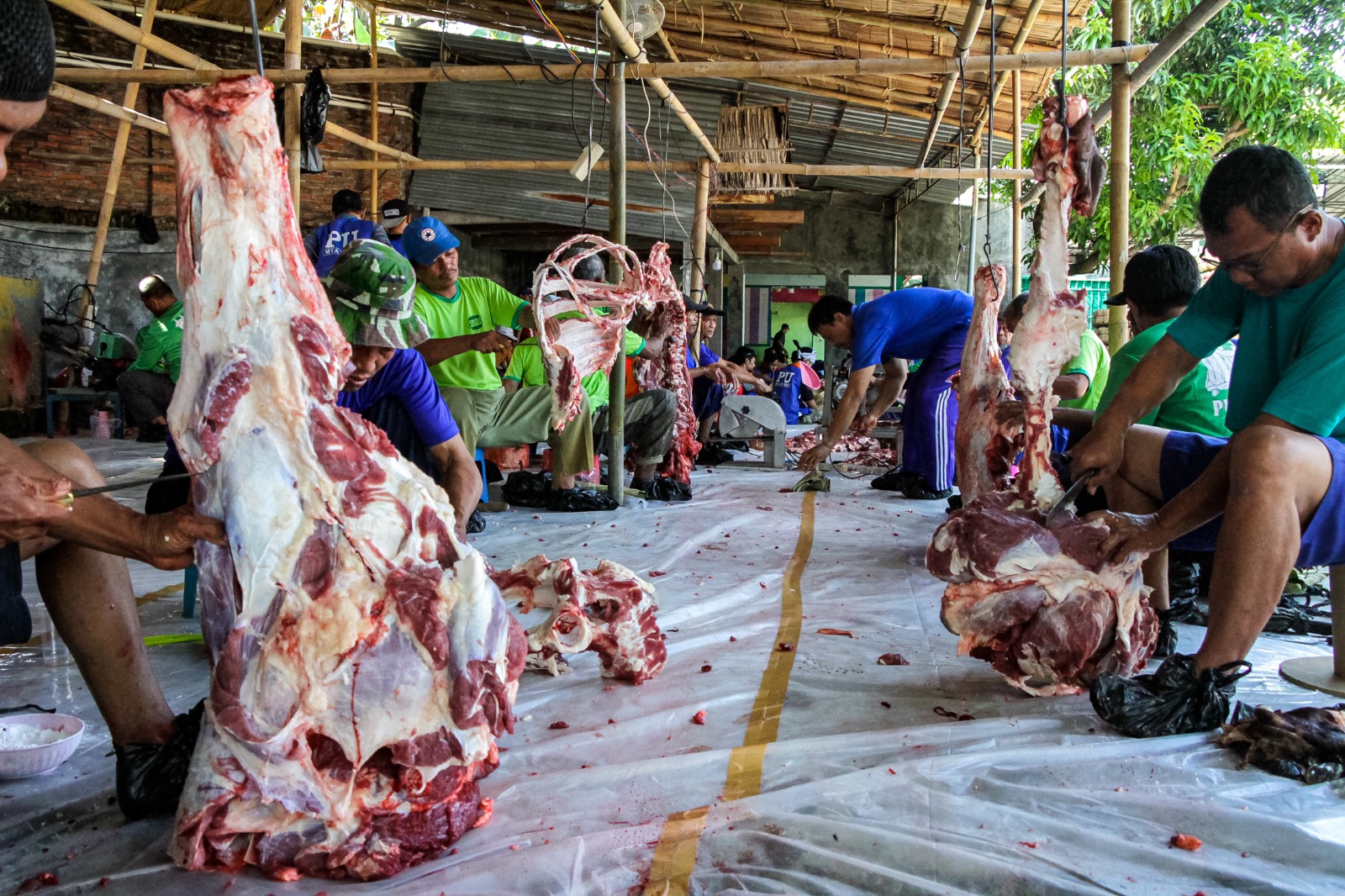 GOTONG ROYONG: Proses penyembelihan kurban yang dilakukan disalah satu tempat penyembelihan di Kota Solo, belum lama ini.