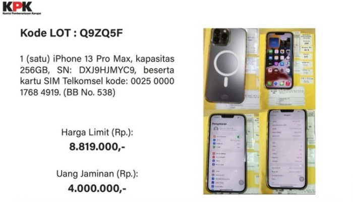iPhone 13 Pro Max milik koruptor yang akan ikut dilelang KPK mulai Rabu (11/6/2025).