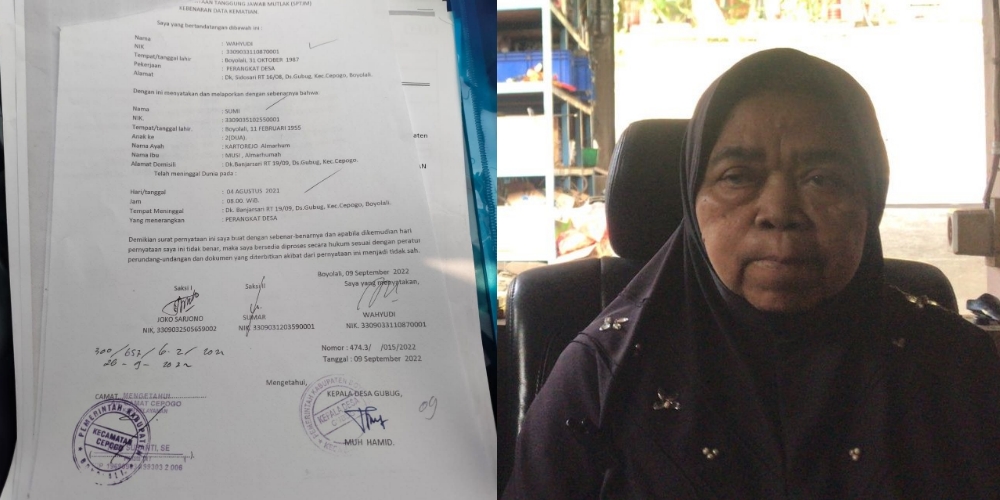 Surat kematian atas nama Sumi. Foto kanan, Sumi dalam kondisi segar bugar.