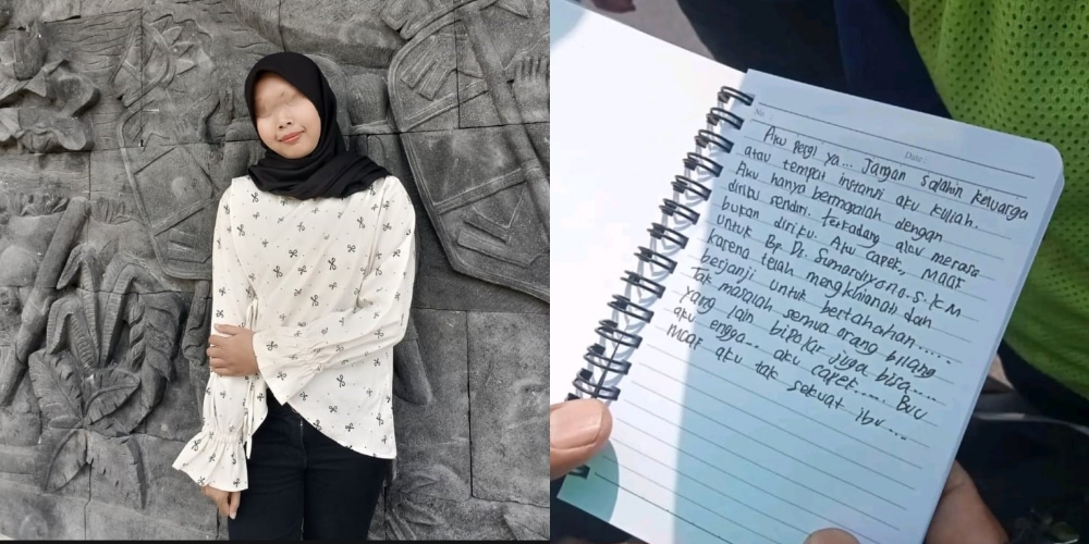 Perempuan yang lompat di Jembatan Jurug Solo dipastikan mahasiswi kampus negeri ternama di Solo. Foto kanan, pesan tulisan tangan.