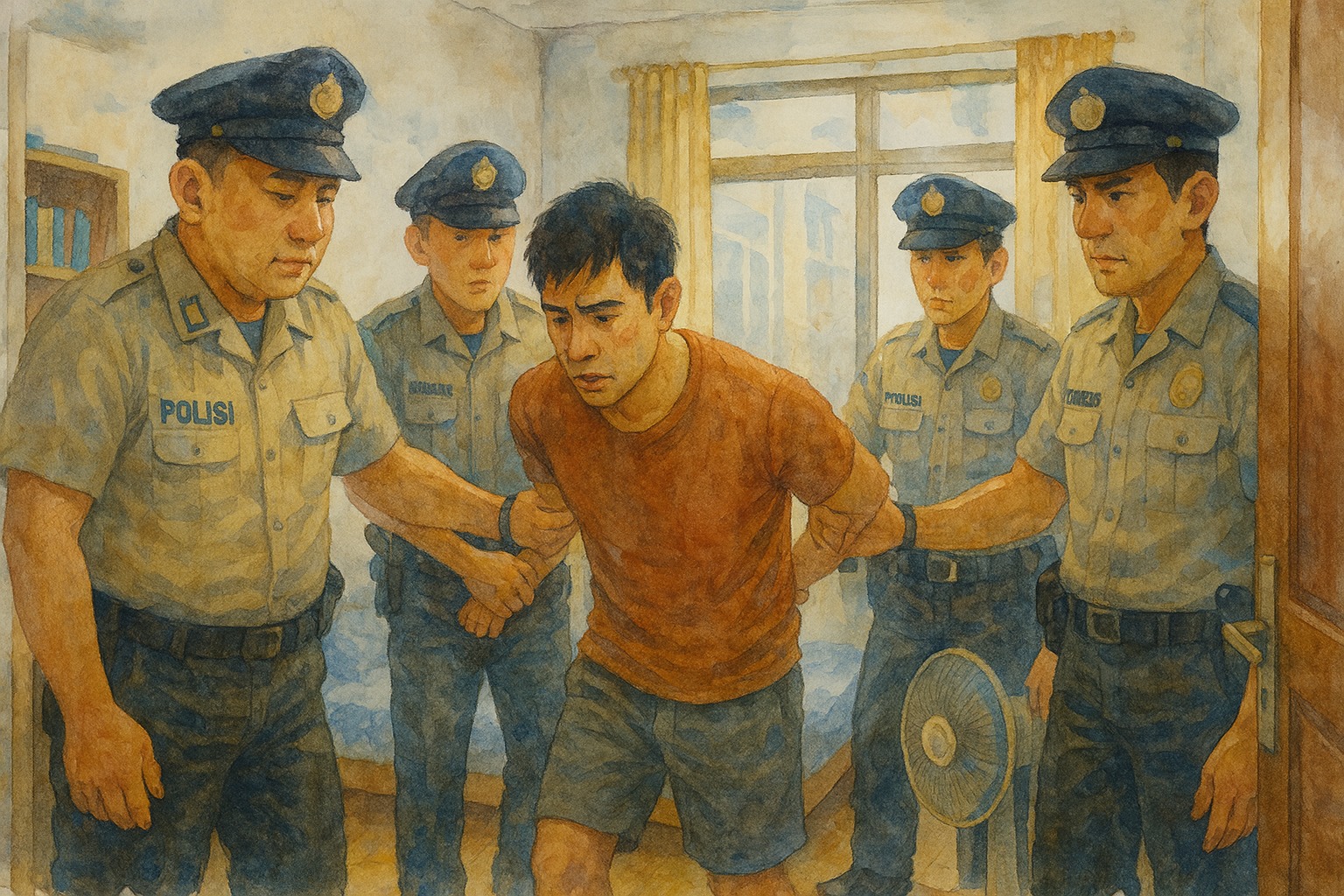ilustrasi oplisi tengah mengamankan pelaku curanmor di kamar kosnya.