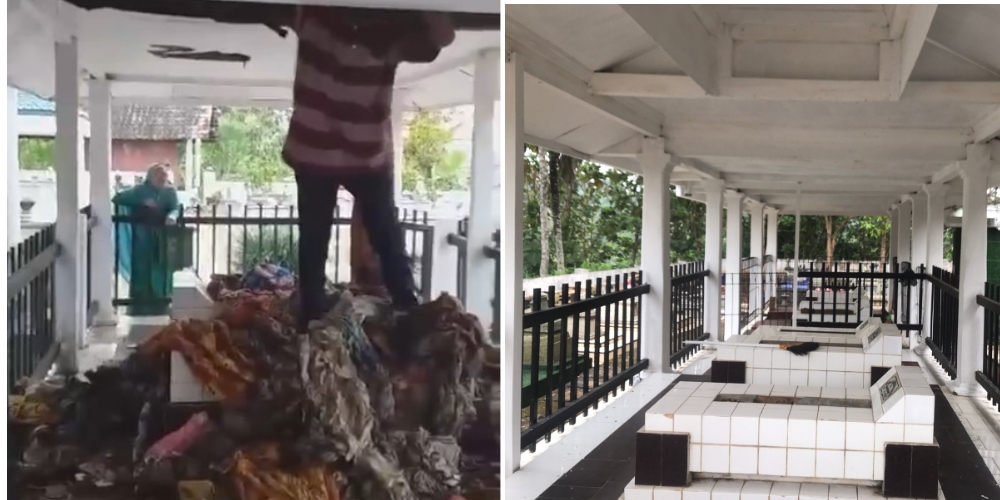Pekerja saat mengeluarkan beragam jenis kain dari dalam cungkup Makam  Lodji, Dusun Trayon RT/RW 01/02 Desa Kebonan, Karanggede, Boyolali. Foto kanan, kondisi cungkup makam terbaru.