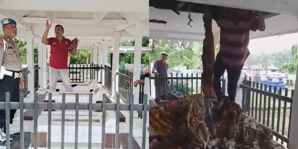 Polisi selidiki tumpukan kain di Makam Lodji di Desa Kebonan, Kecamatan Karanggede. Foto kanan, kain saat dikeluarkan dari dalam cungkup makam.