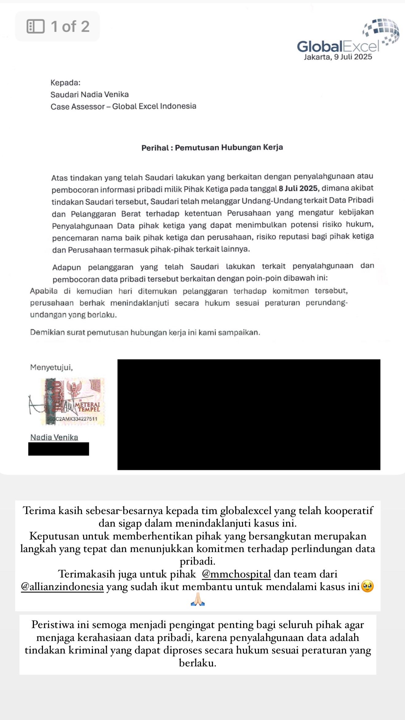 Surat pemutusan kerja Nadia Venika penyebar data Dara Arafah