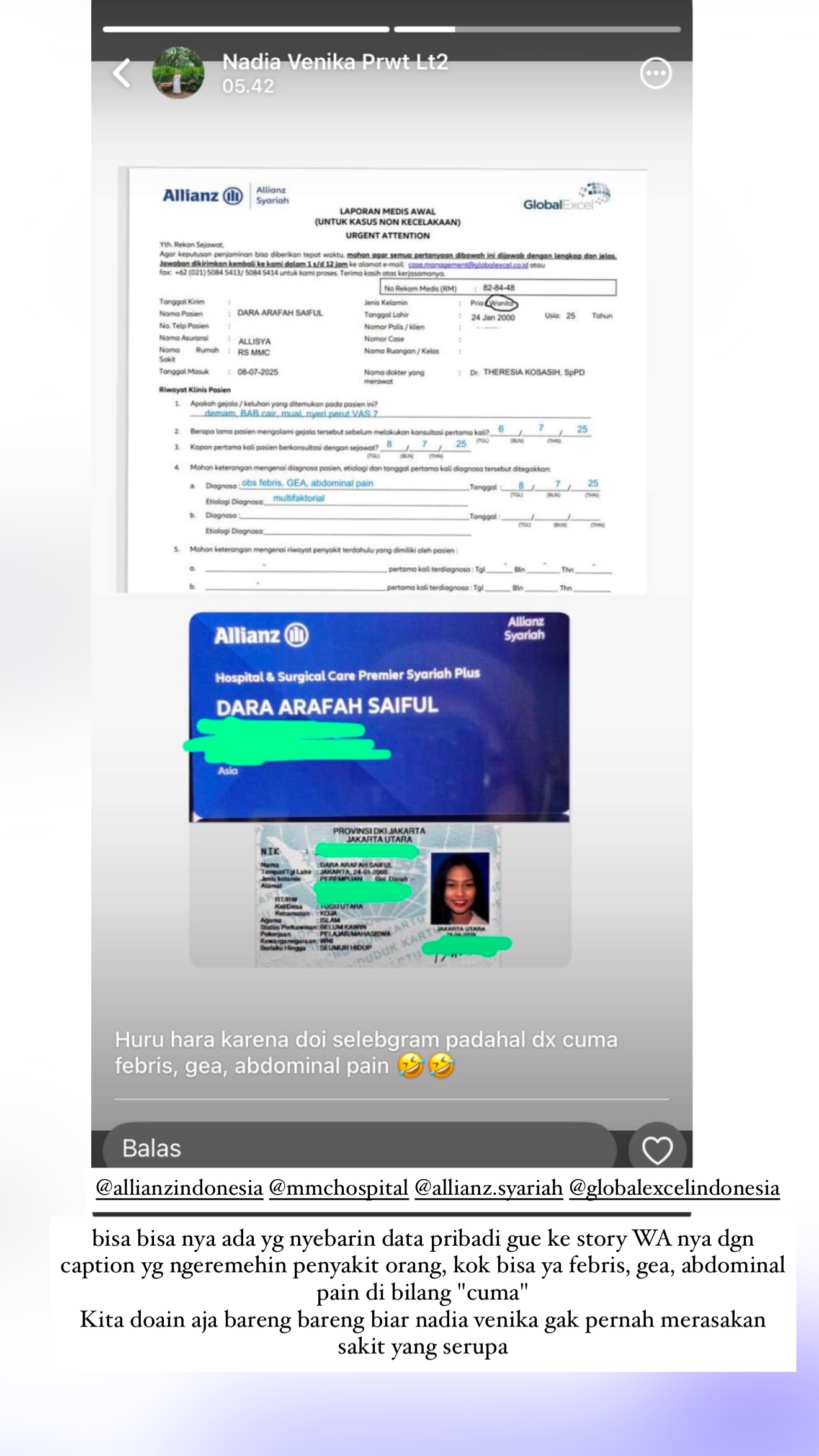 Data Dara Arafah yang dibagikan Nadia Venika