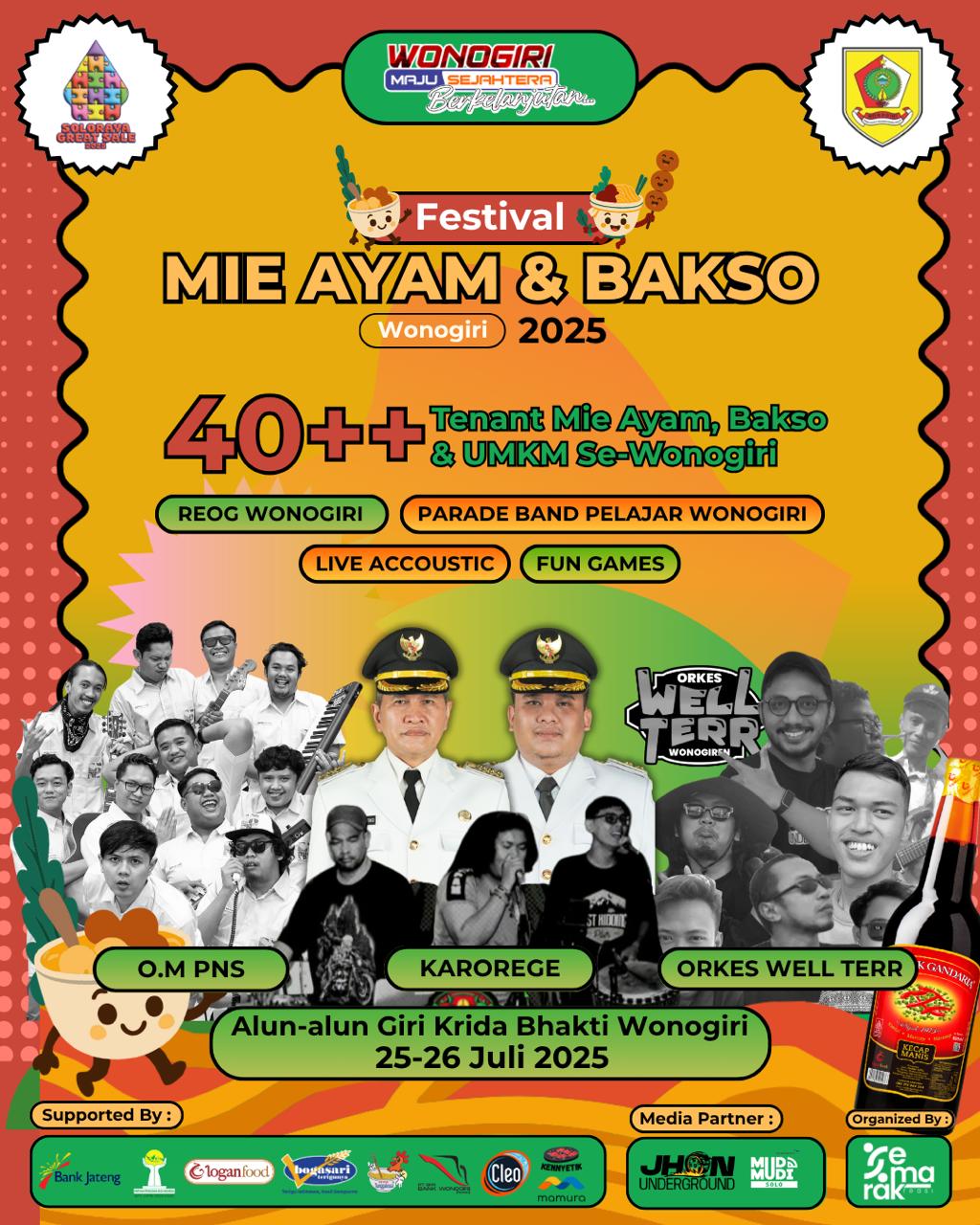 Festival Mi Ayam dan Bakso Wonogiri 2025 bakal digelar di Alun-alun Giri Krida Bakti Wonogiri pada Jumat-Sabtu (25-26/7/2025).
